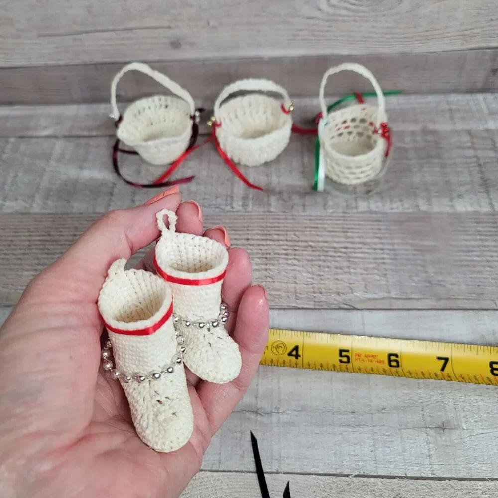 Vintage Crochet Christmas Ornaments Handmade Boho Bells Baskets Booties Slippers
